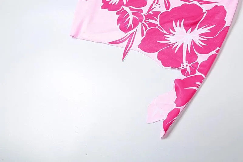 Backless halter flower print backless irregular mini dress