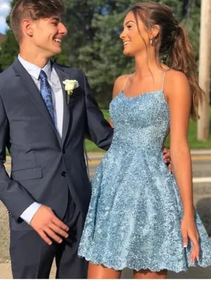 Backless Short Blue Lace Prom Dress, Open Back Short Blue Lace Homecoming Graduation Dresses