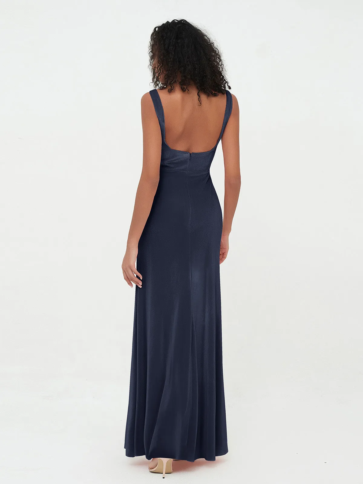 Bateau Neck Mermaid Long Velvet Dresses Dark Navy