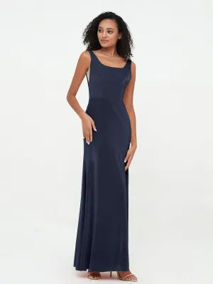 Bateau Neck Mermaid Long Velvet Dresses Dark Navy