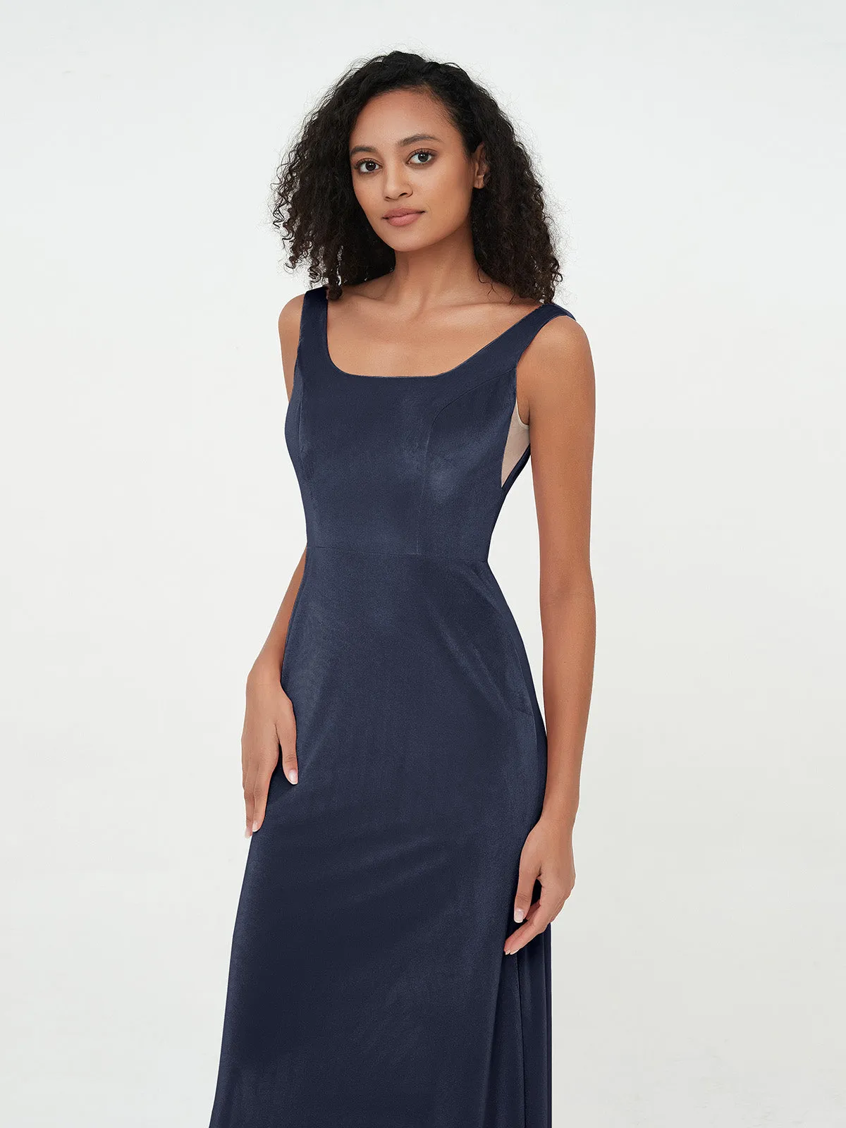 Bateau Neck Mermaid Long Velvet Dresses Dark Navy