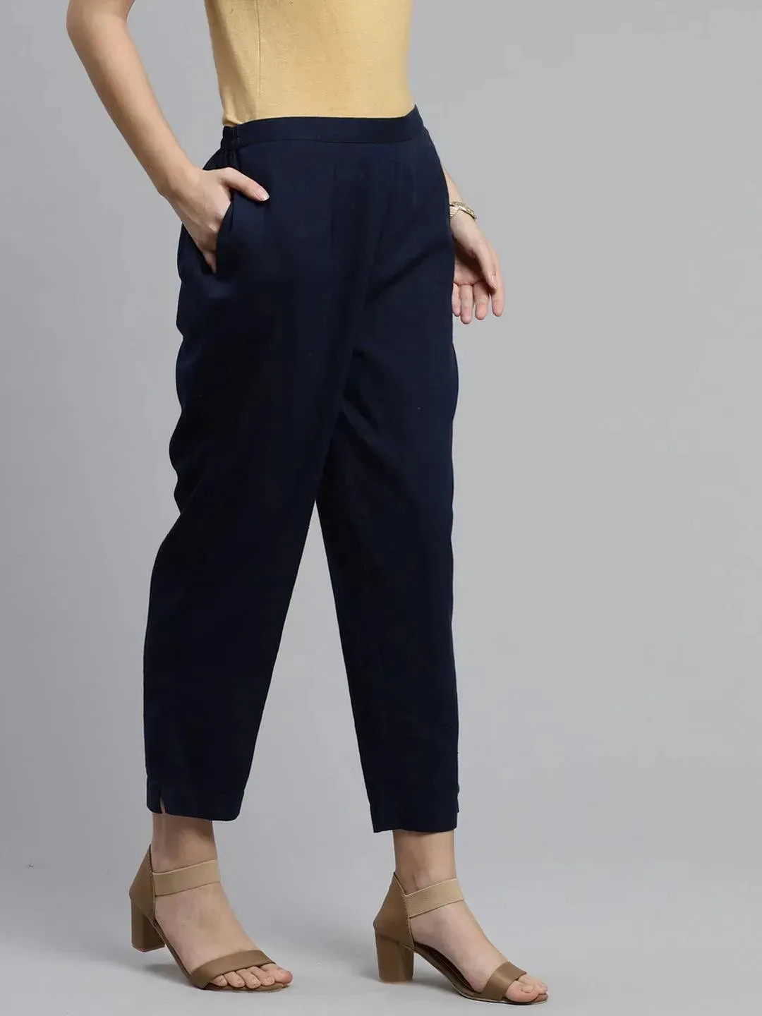 Blue Solid Cotton Trousers