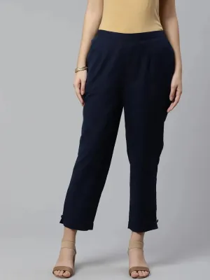 Blue Solid Cotton Trousers