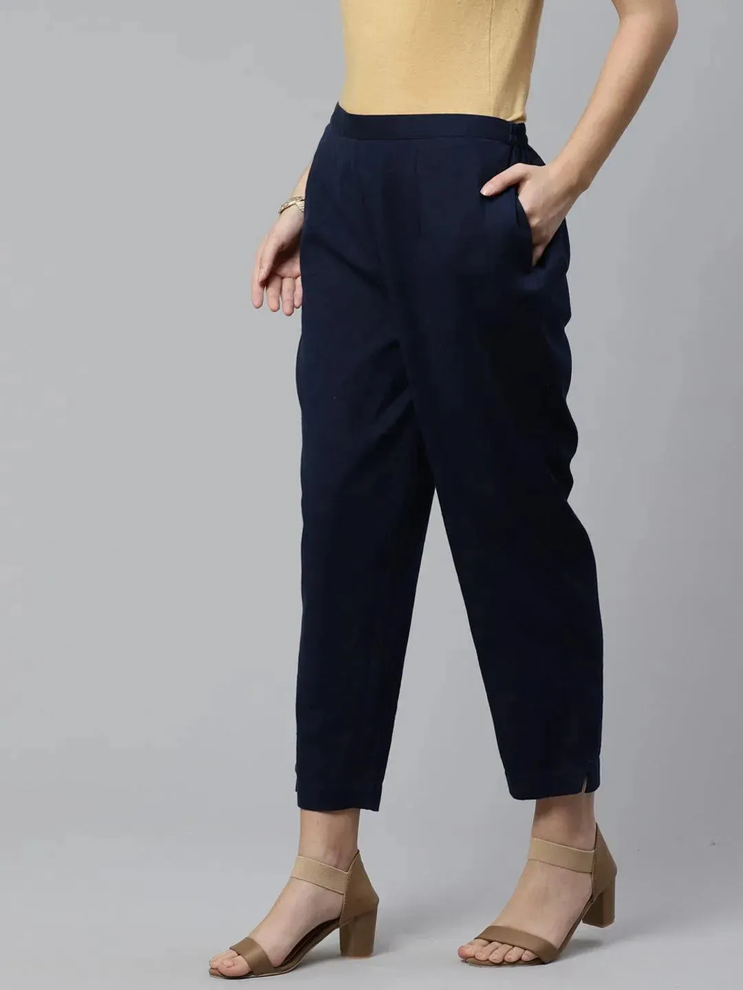 Blue Solid Cotton Trousers