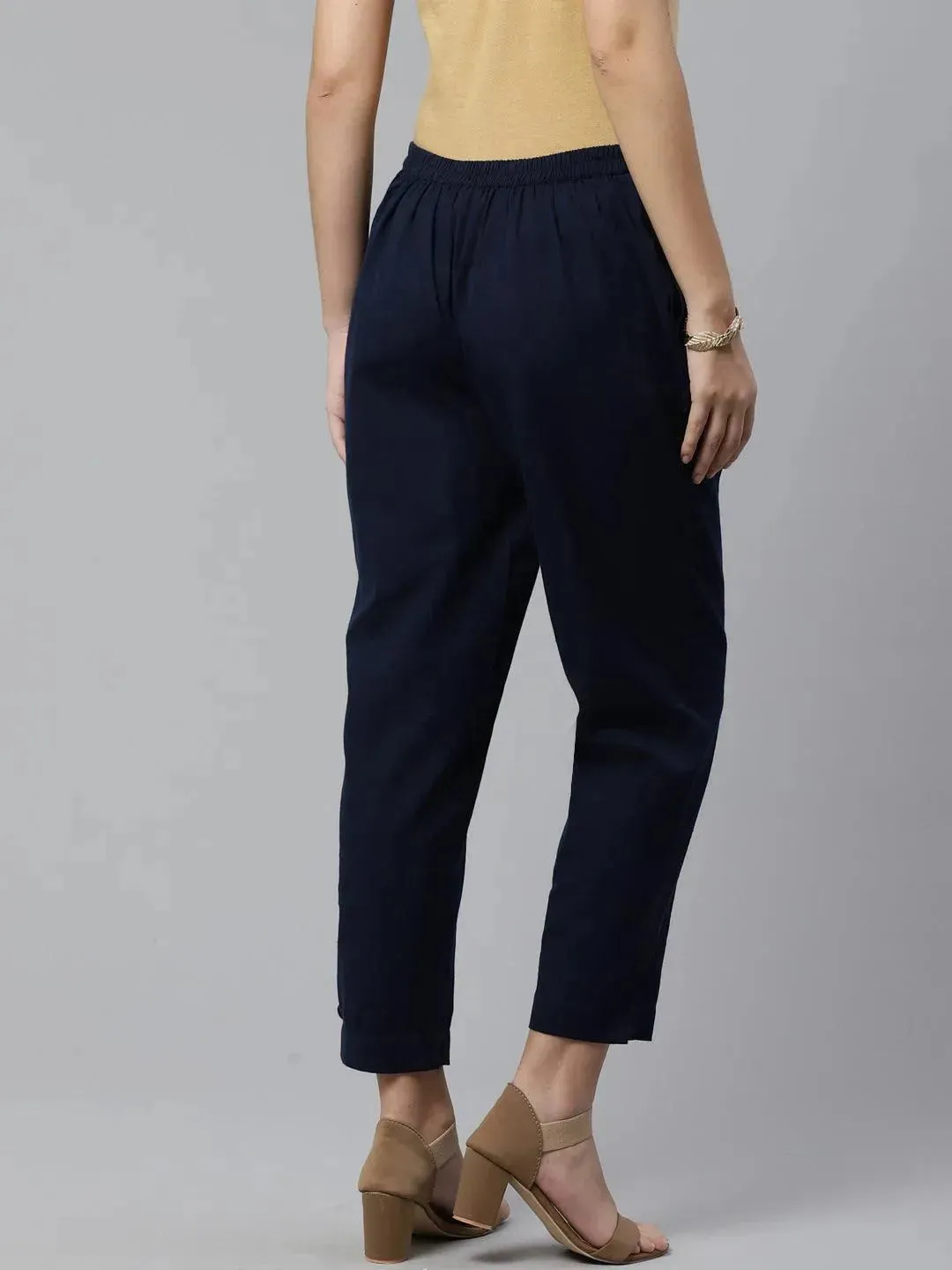 Blue Solid Cotton Trousers