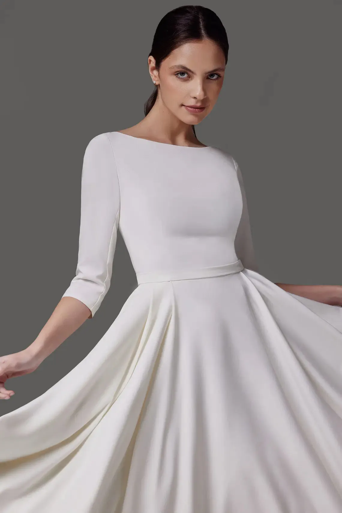 Boat Neck Modest Style Simple Wedding Dress