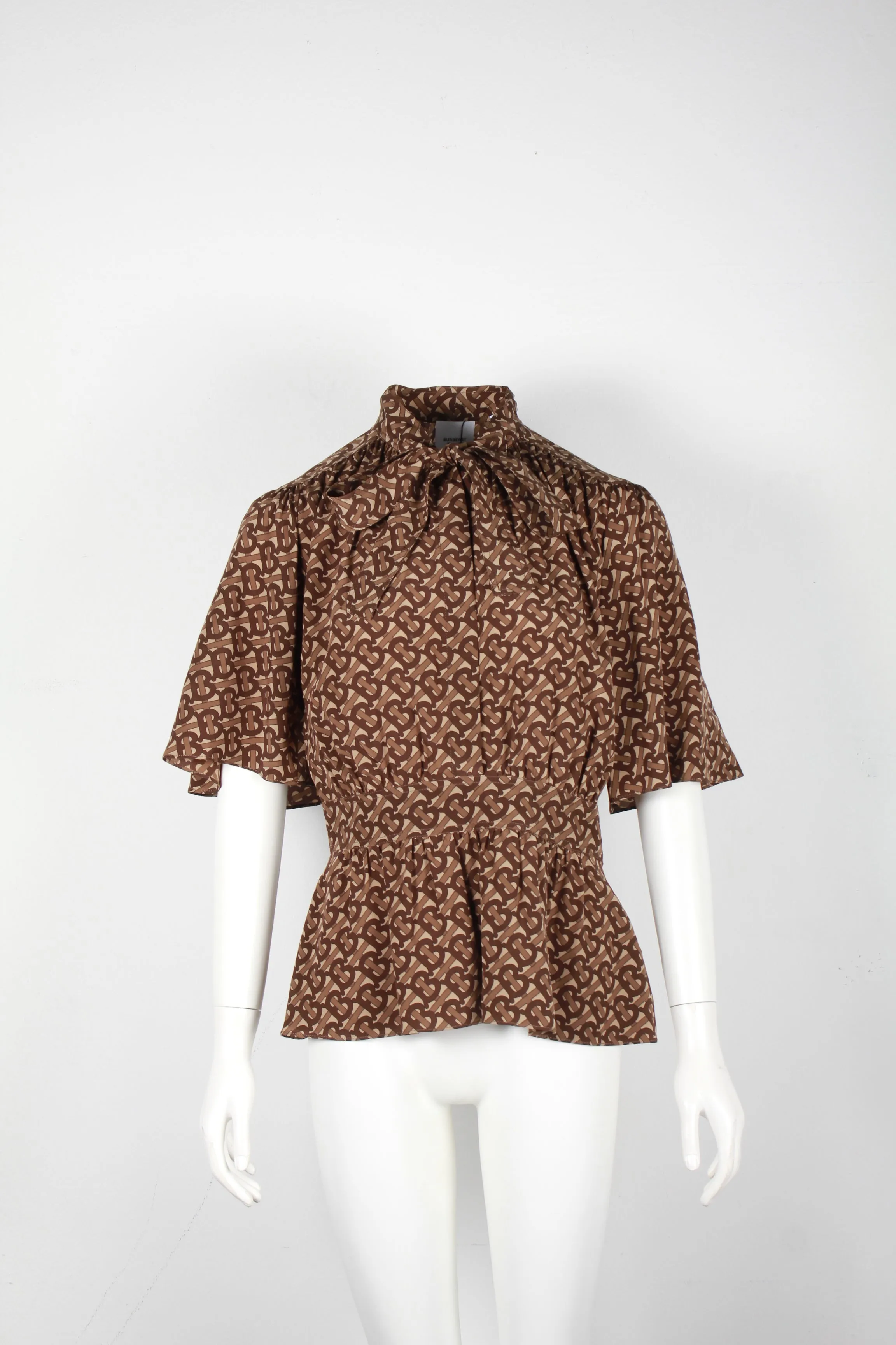 Burberry Monogram-Print Blouse in Brown Silk