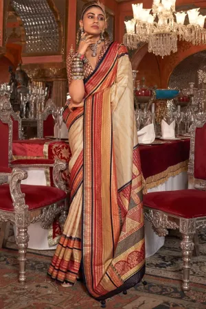 Charming Cream Kanjivaram and Patola Printed Silk Saree