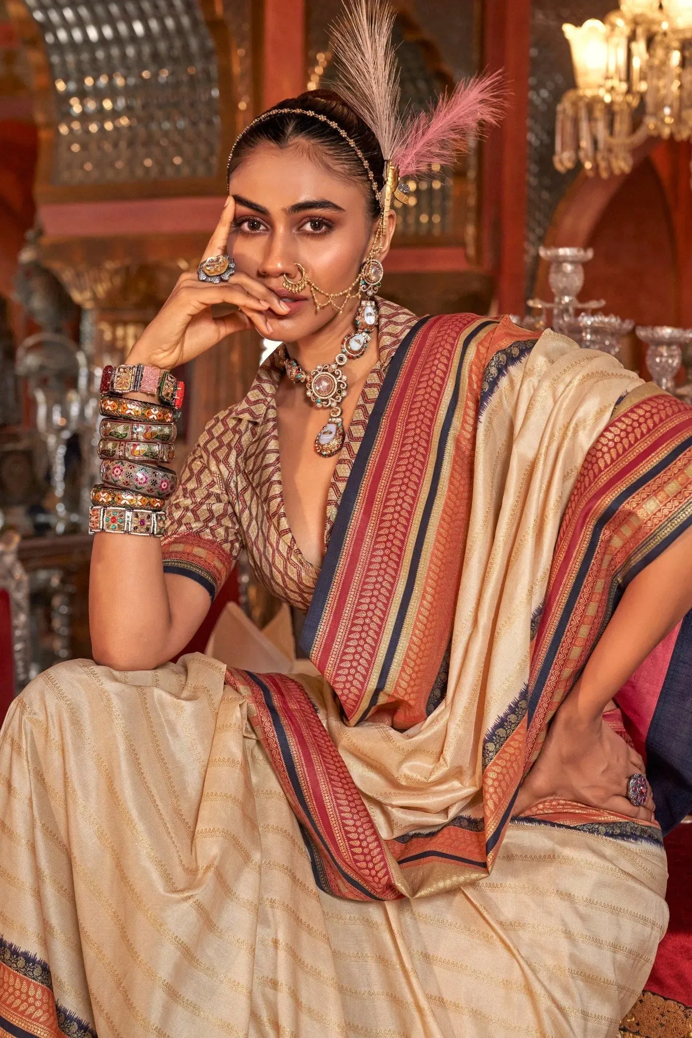 Charming Cream Kanjivaram and Patola Printed Silk Saree