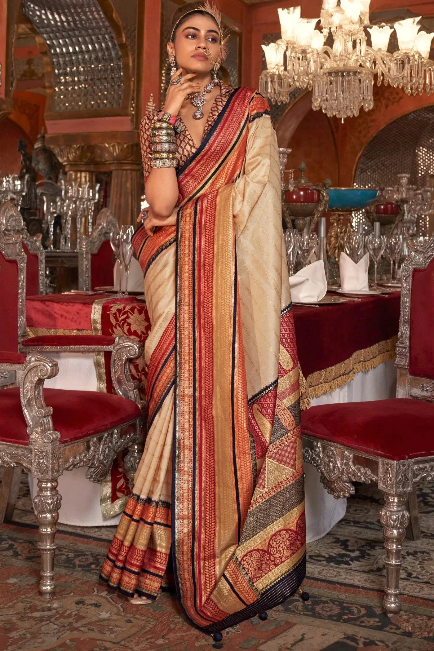 Charming Cream Kanjivaram and Patola Printed Silk Saree