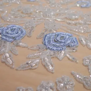 Clear Background with Sky Blue Accents Floral Embroidered Tulle Fabric
