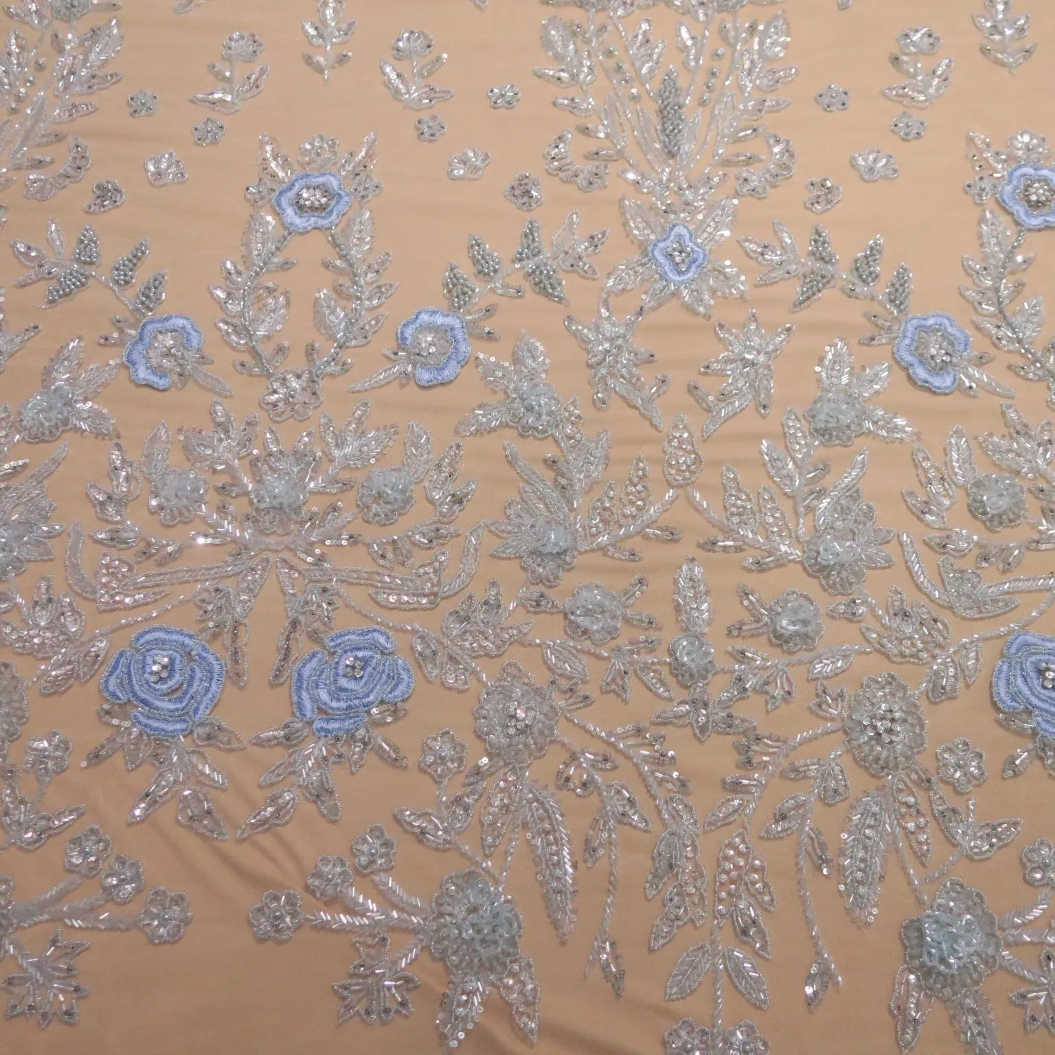 Clear Background with Sky Blue Accents Floral Embroidered Tulle Fabric