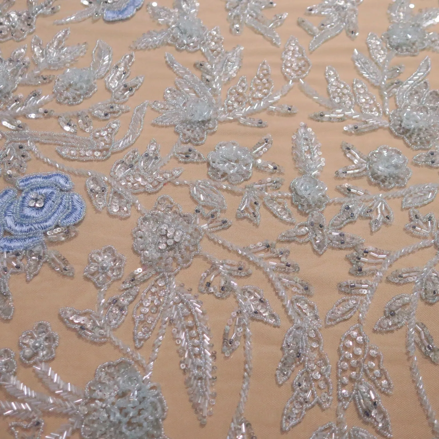 Clear Background with Sky Blue Accents Floral Embroidered Tulle Fabric