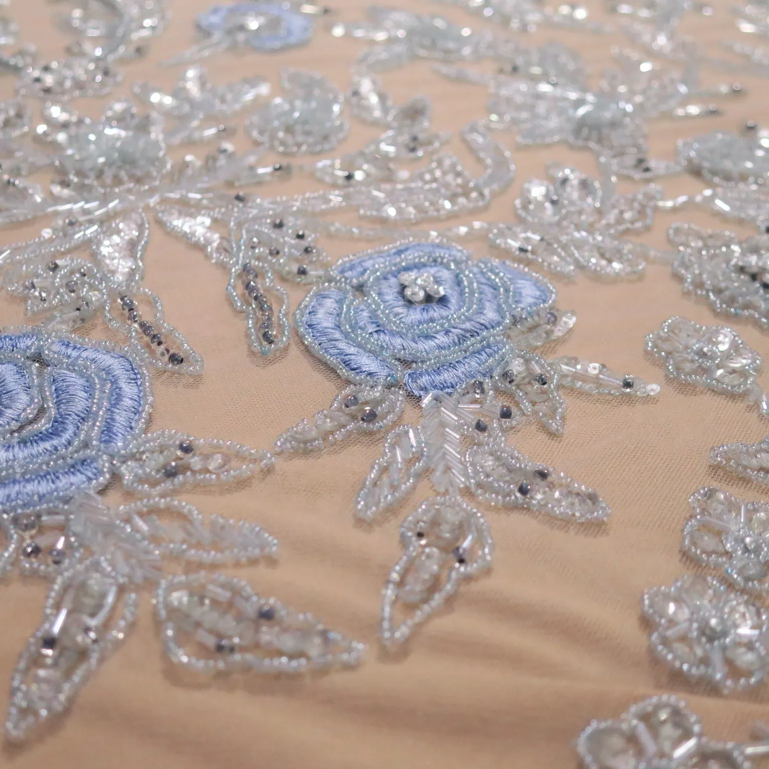 Clear Background with Sky Blue Accents Floral Embroidered Tulle Fabric