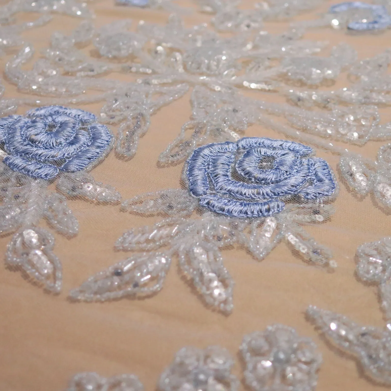 Clear Background with Sky Blue Accents Floral Embroidered Tulle Fabric