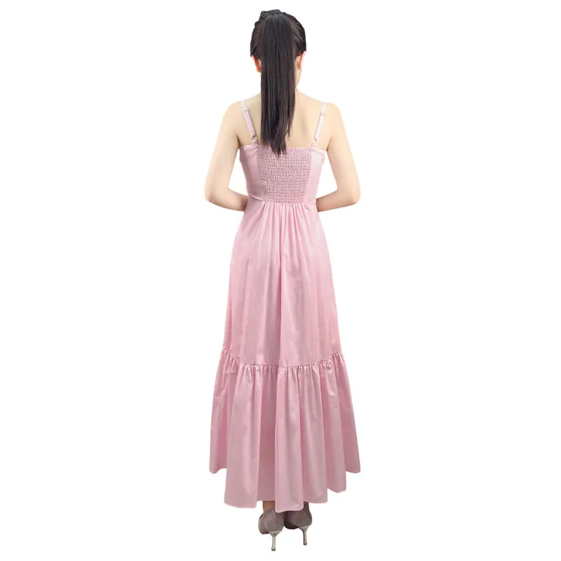 D296 Women cotton strappy smocked back tiered ruffle flared midi dress