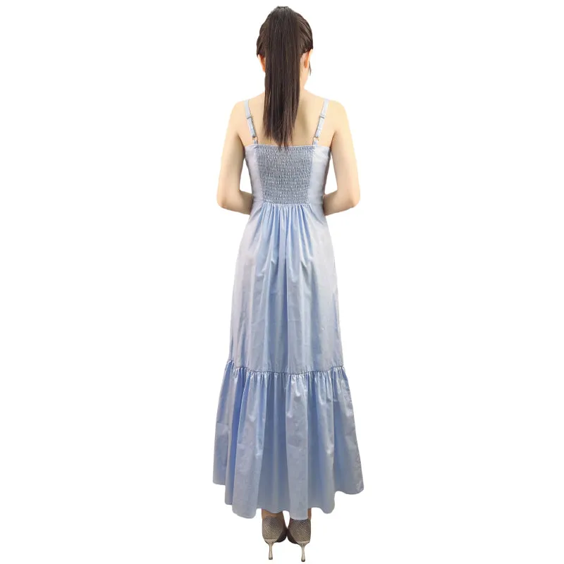 D296 Women cotton strappy smocked back tiered ruffle flared midi dress