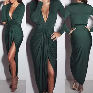 Deep V-neck Irregular Split Ankle Length Club Dress