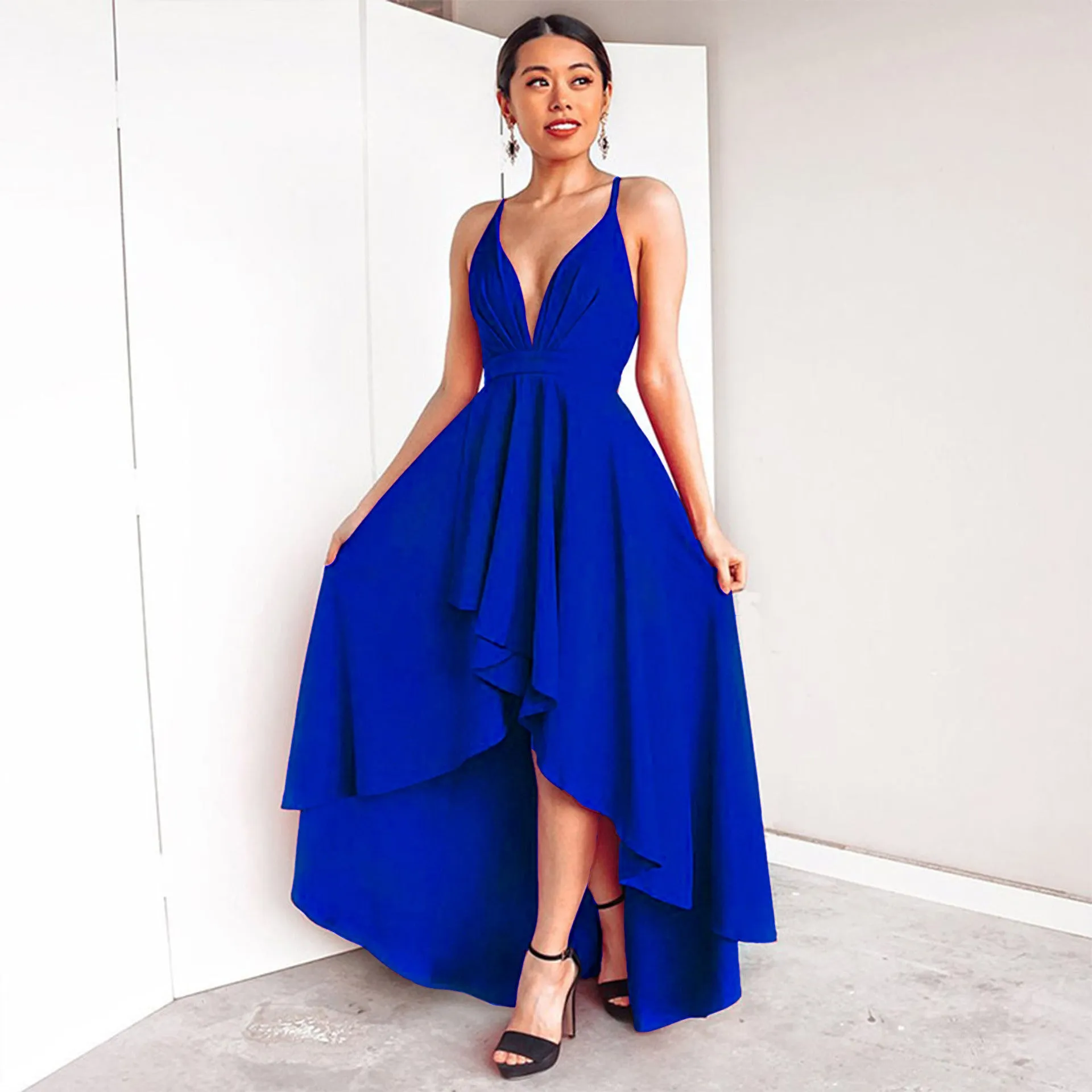 Deep V-neck Spaghetti Straps High Waist Pleated Irregular Women Party Dress