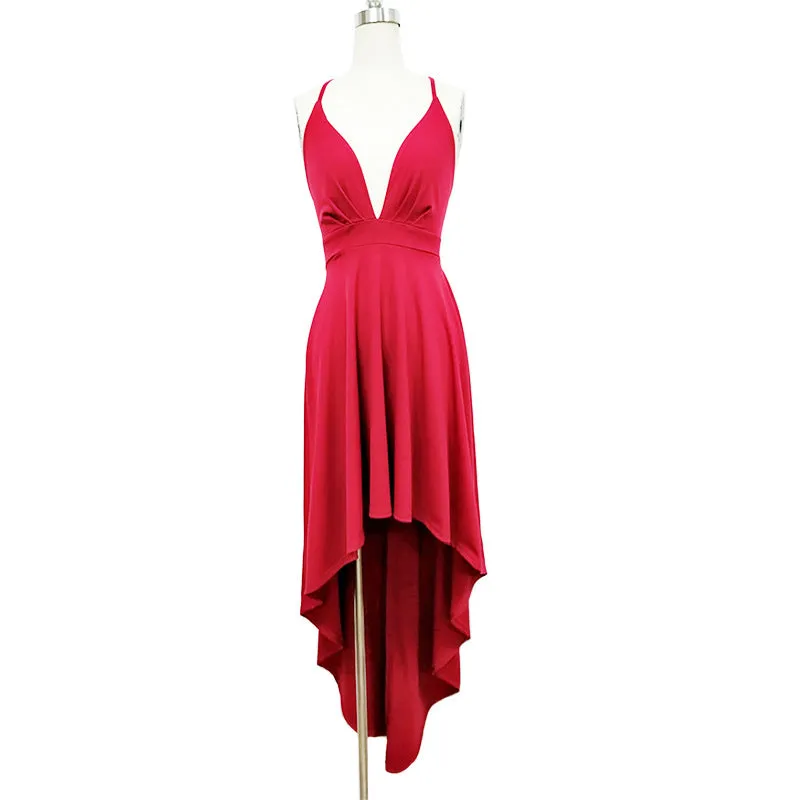 Deep V-neck Spaghetti Straps High Waist Pleated Irregular Women Party Dress