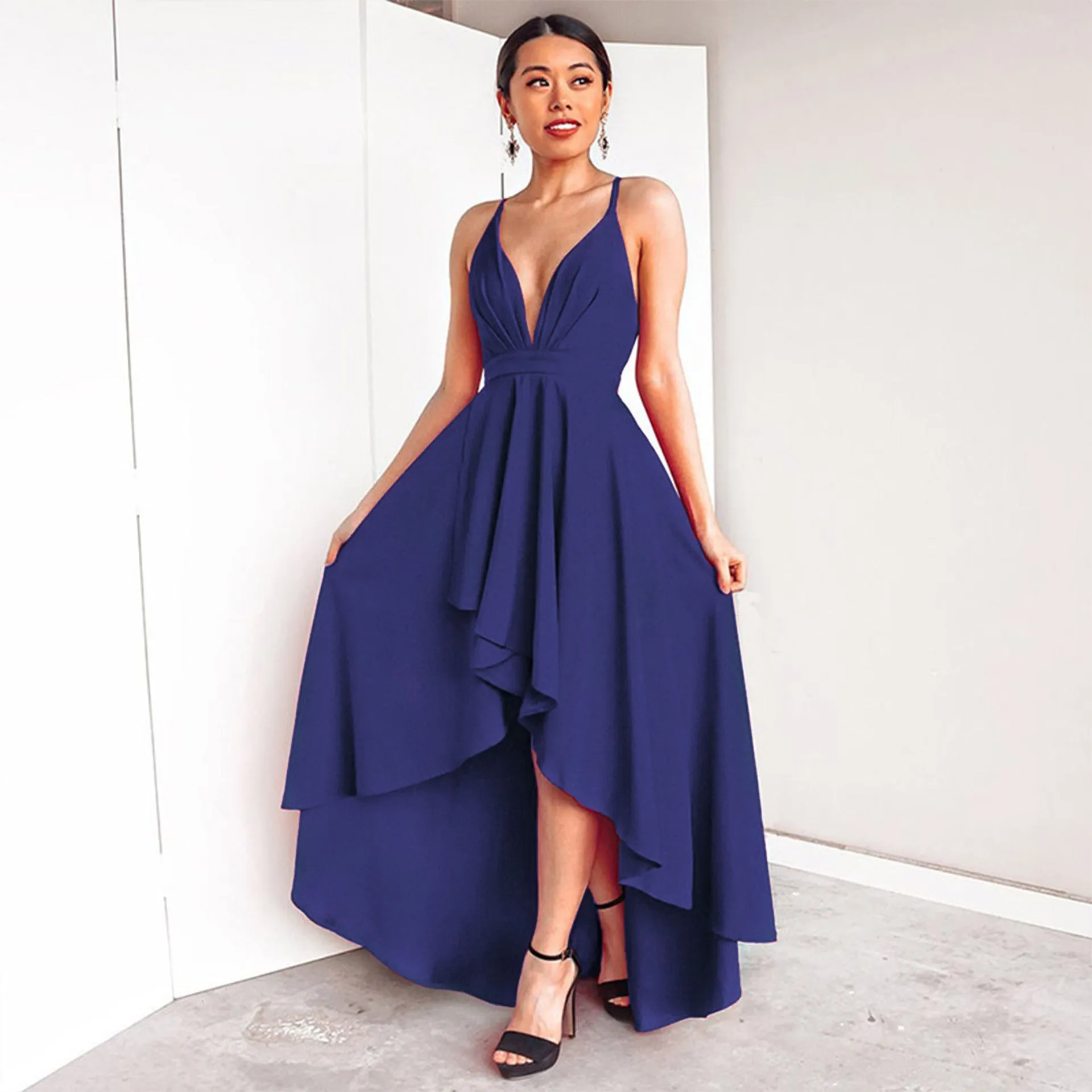 Deep V-neck Spaghetti Straps High Waist Pleated Irregular Women Party Dress