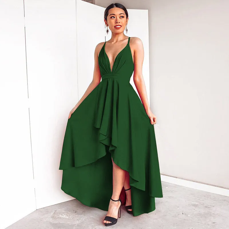 Deep V-neck Spaghetti Straps High Waist Pleated Irregular Women Party Dress