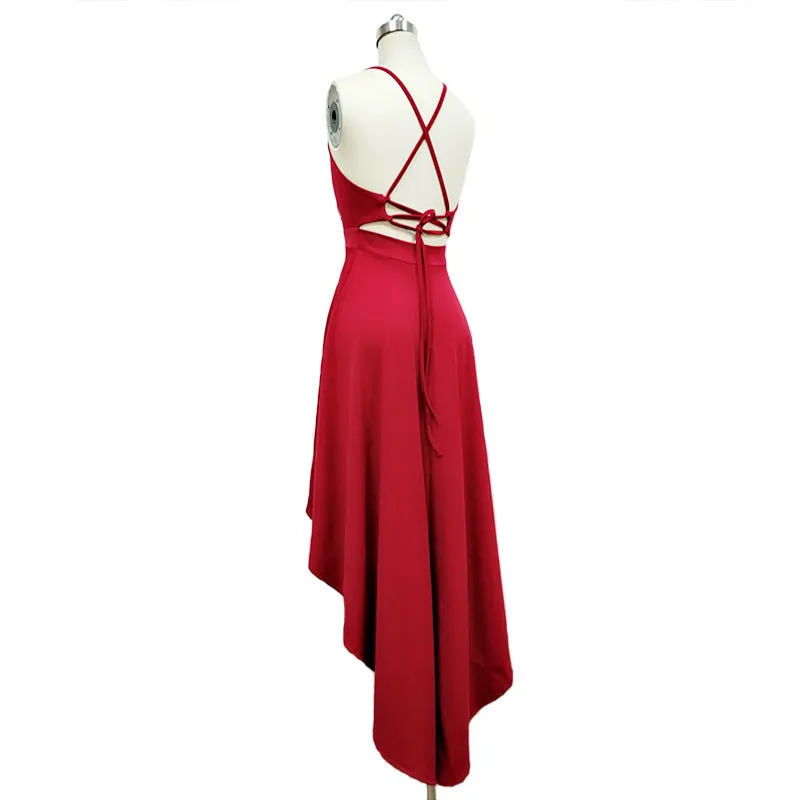 Deep V-neck Spaghetti Straps High Waist Pleated Irregular Women Party Dress