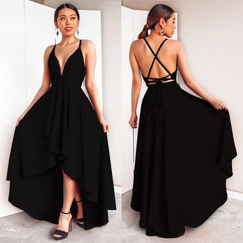 Deep V-neck Spaghetti Straps High Waist Pleated Irregular Women Party Dress