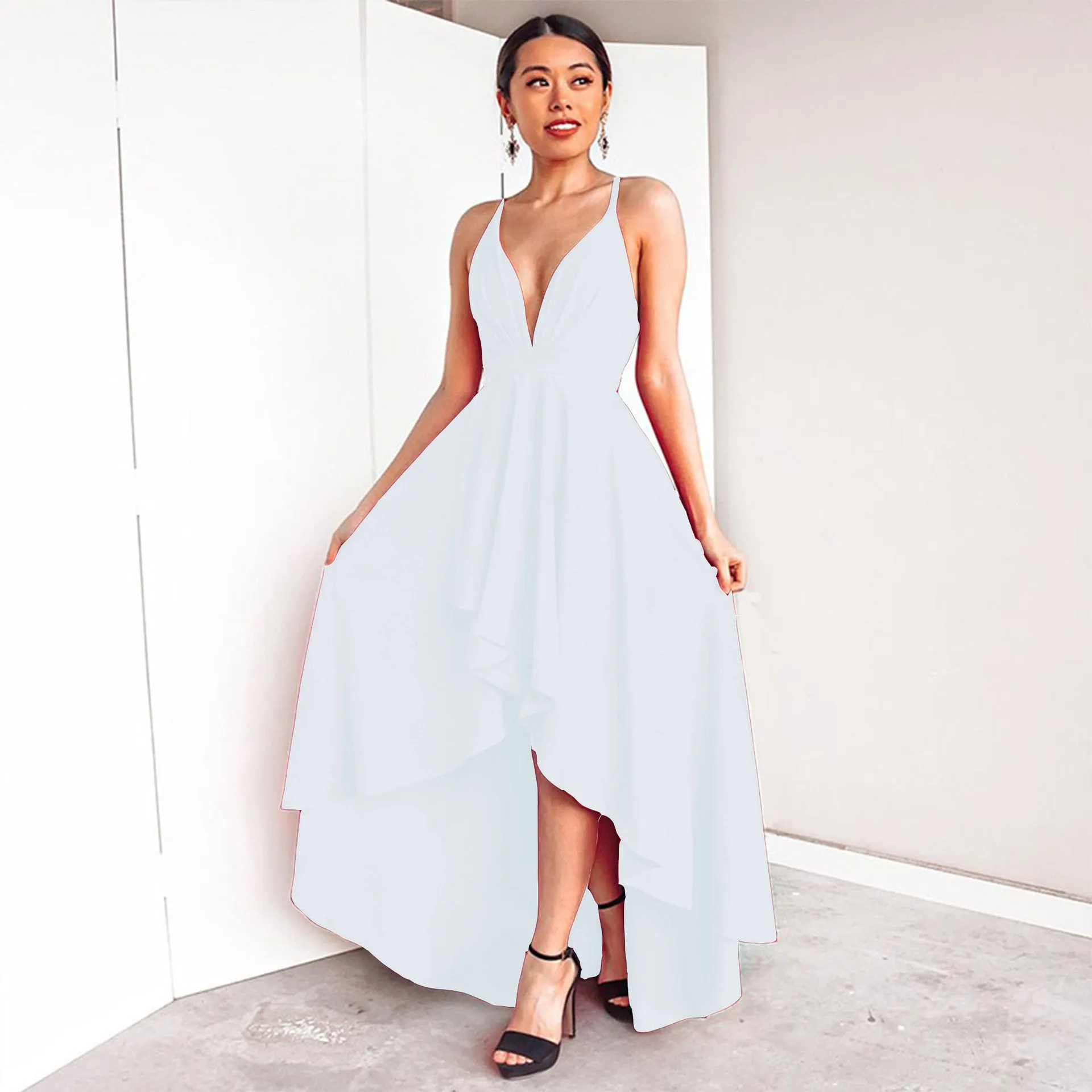 Deep V-neck Spaghetti Straps High Waist Pleated Irregular Women Party Dress