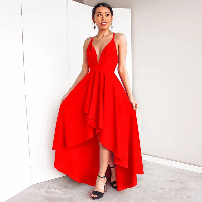 Deep V-neck Spaghetti Straps High Waist Pleated Irregular Women Party Dress