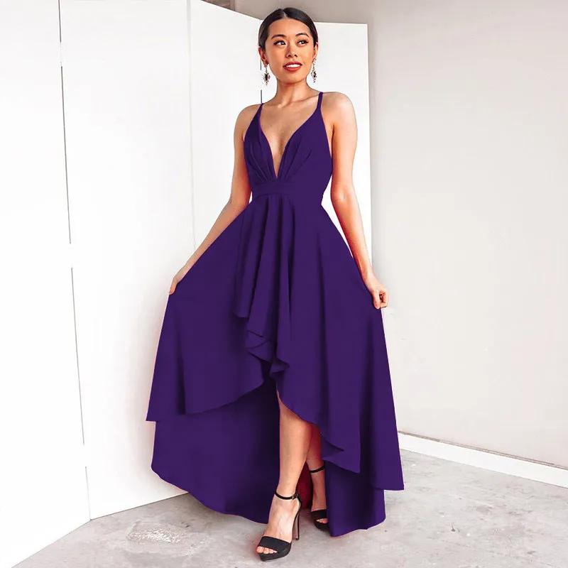 Deep V-neck Spaghetti Straps High Waist Pleated Irregular Women Party Dress