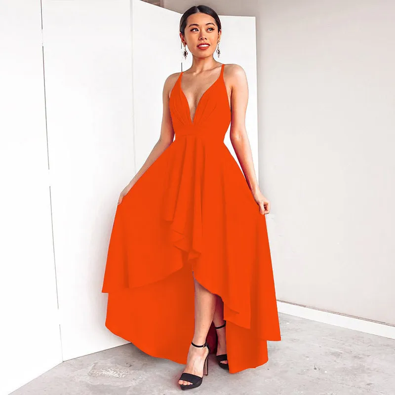 Deep V-neck Spaghetti Straps High Waist Pleated Irregular Women Party Dress