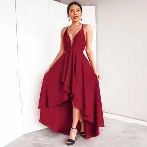 Deep V-neck Spaghetti Straps High Waist Pleated Irregular Women Party Dress