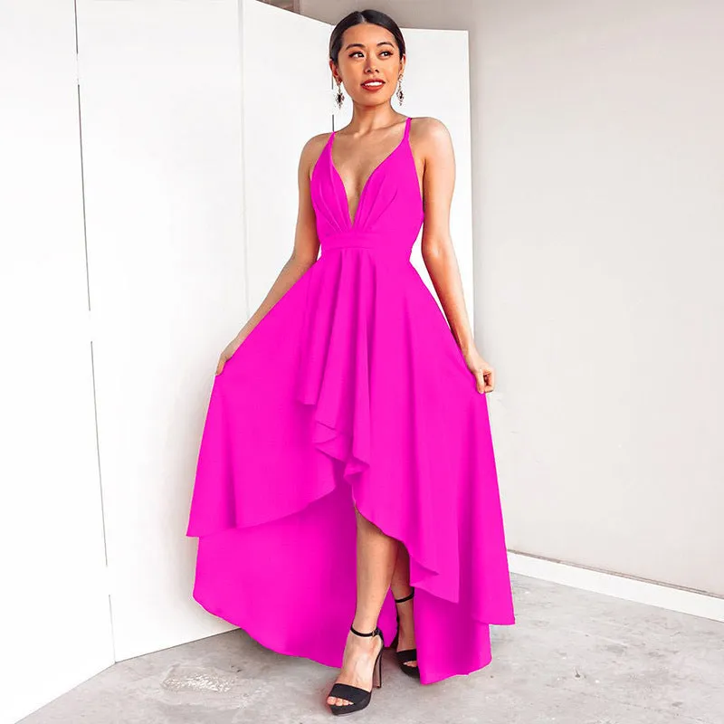 Deep V-neck Spaghetti Straps High Waist Pleated Irregular Women Party Dress
