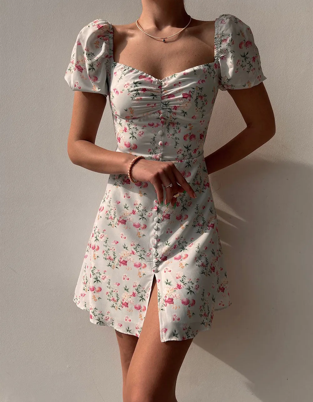 Disty Floral Print Slits V-Neck Short A Line Dresses