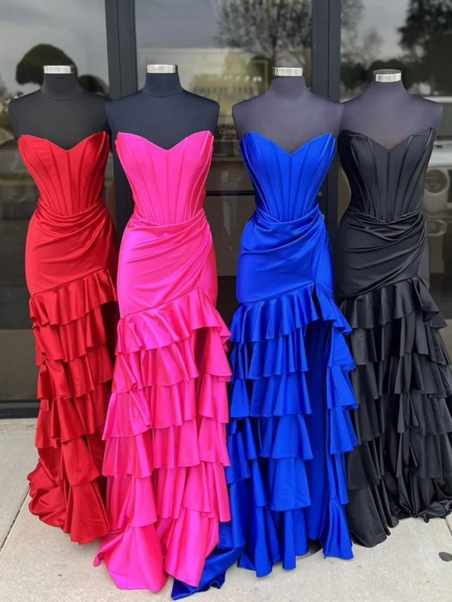 Diya | Mermaid Strapless Satin Ruffle Long Prom Dress With Split