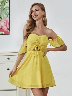 Double Crazy Off Shoulder Swiss Dot Drawstring Peekaboo Dress