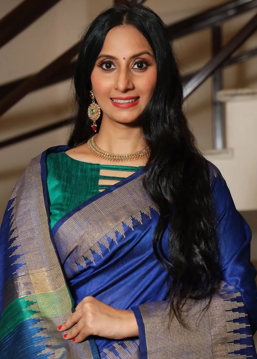 Egyptian Blue Art Silk Saree with Temple Border