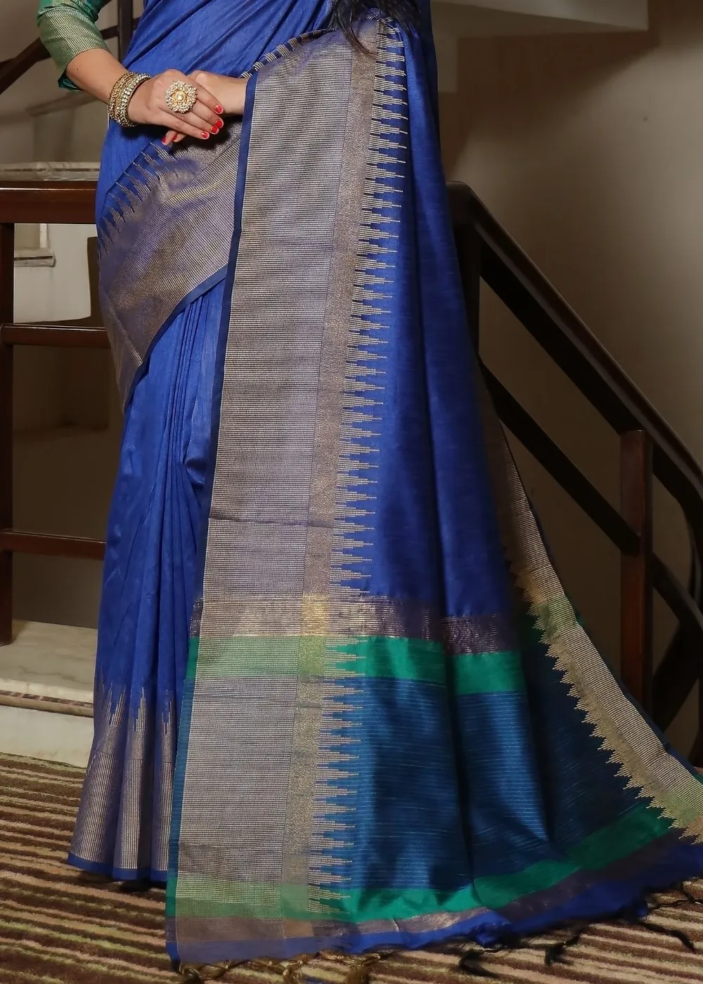 Egyptian Blue Art Silk Saree with Temple Border