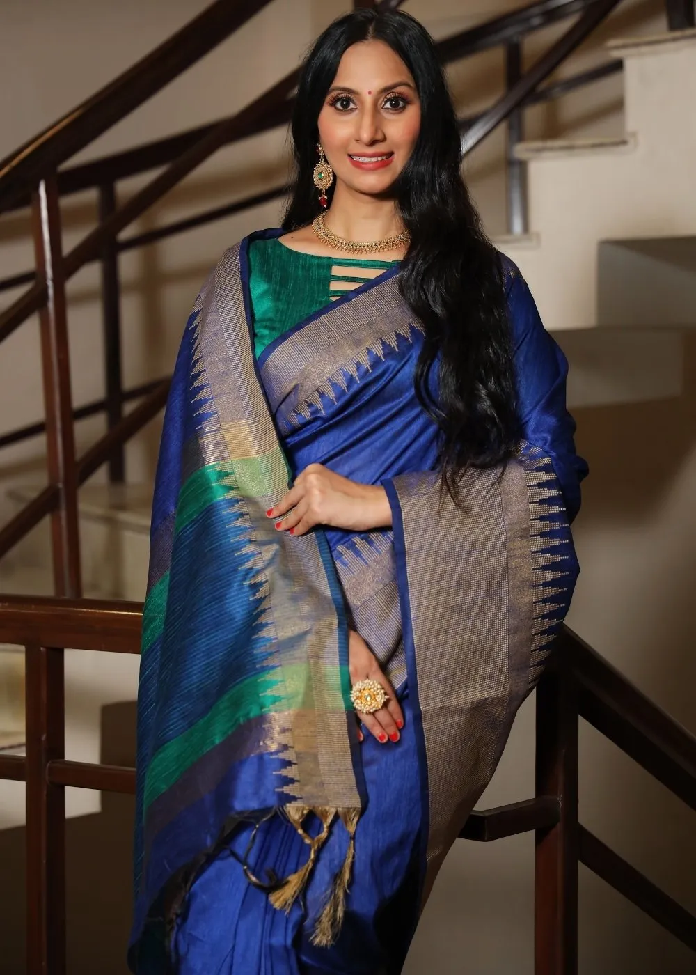 Egyptian Blue Art Silk Saree with Temple Border