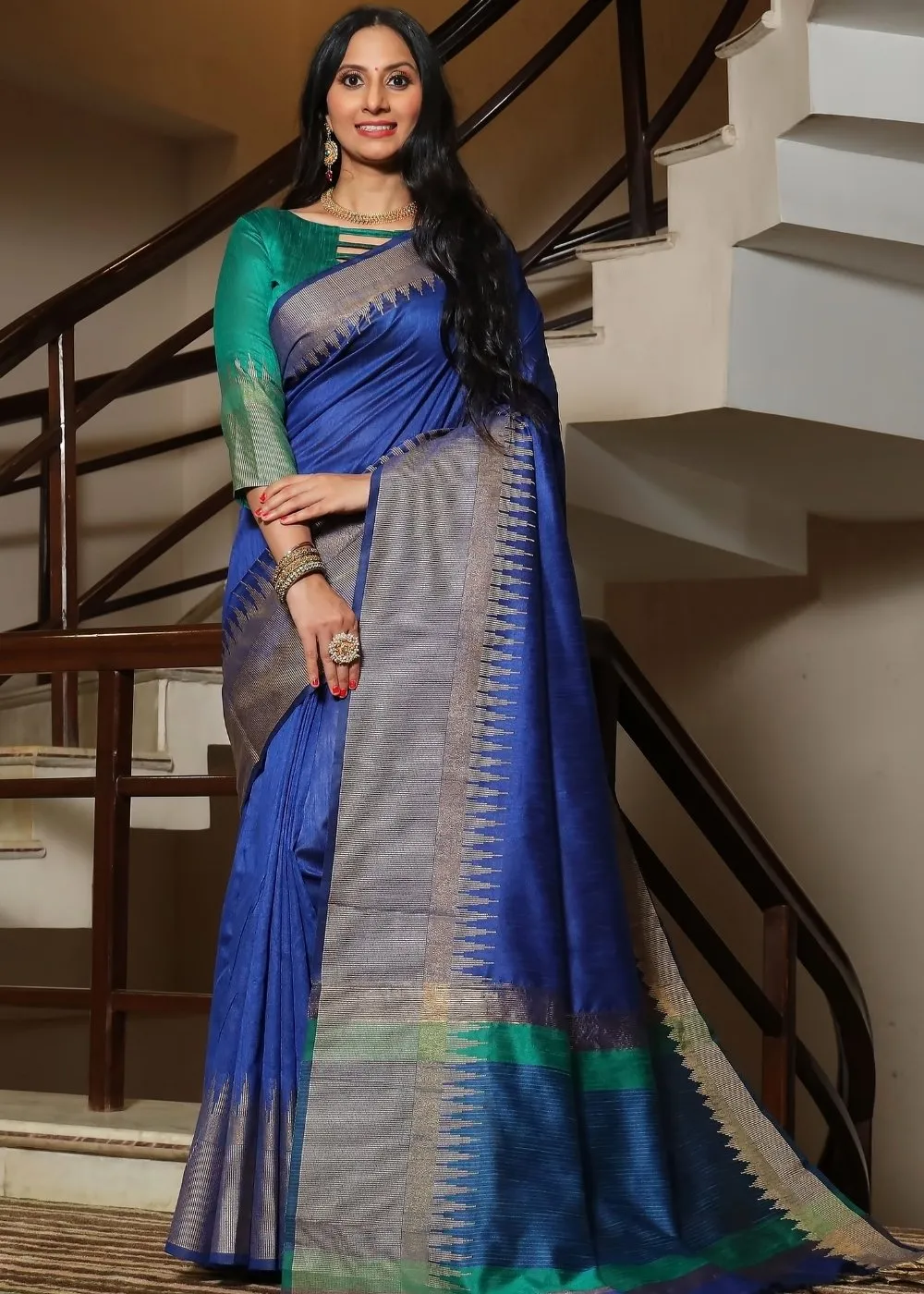 Egyptian Blue Art Silk Saree with Temple Border