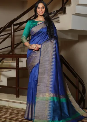 Egyptian Blue Art Silk Saree with Temple Border
