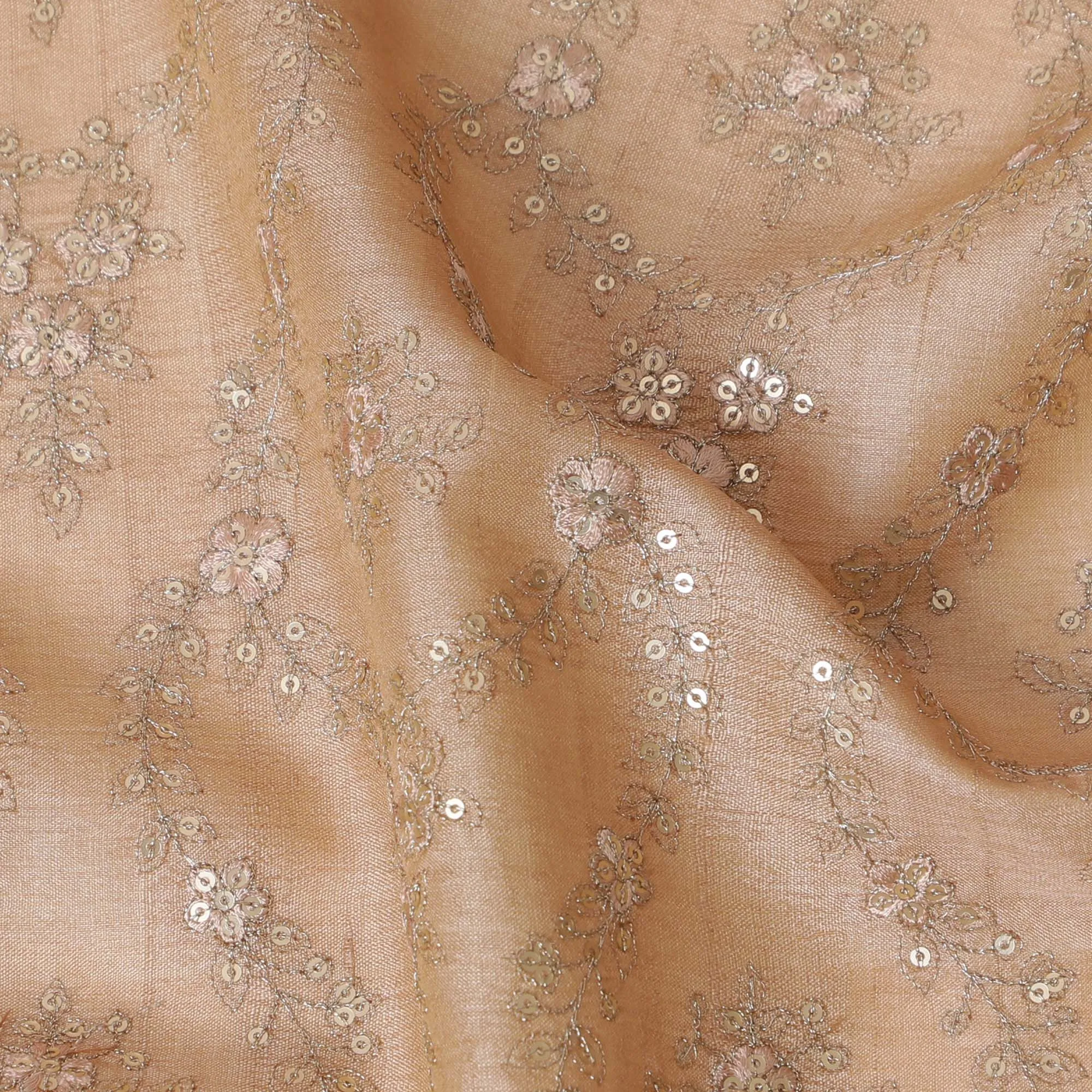 Elegant Beige Tussar Silk Fabric with Embroidered Floral Motifs, 110cm Width-D18966
