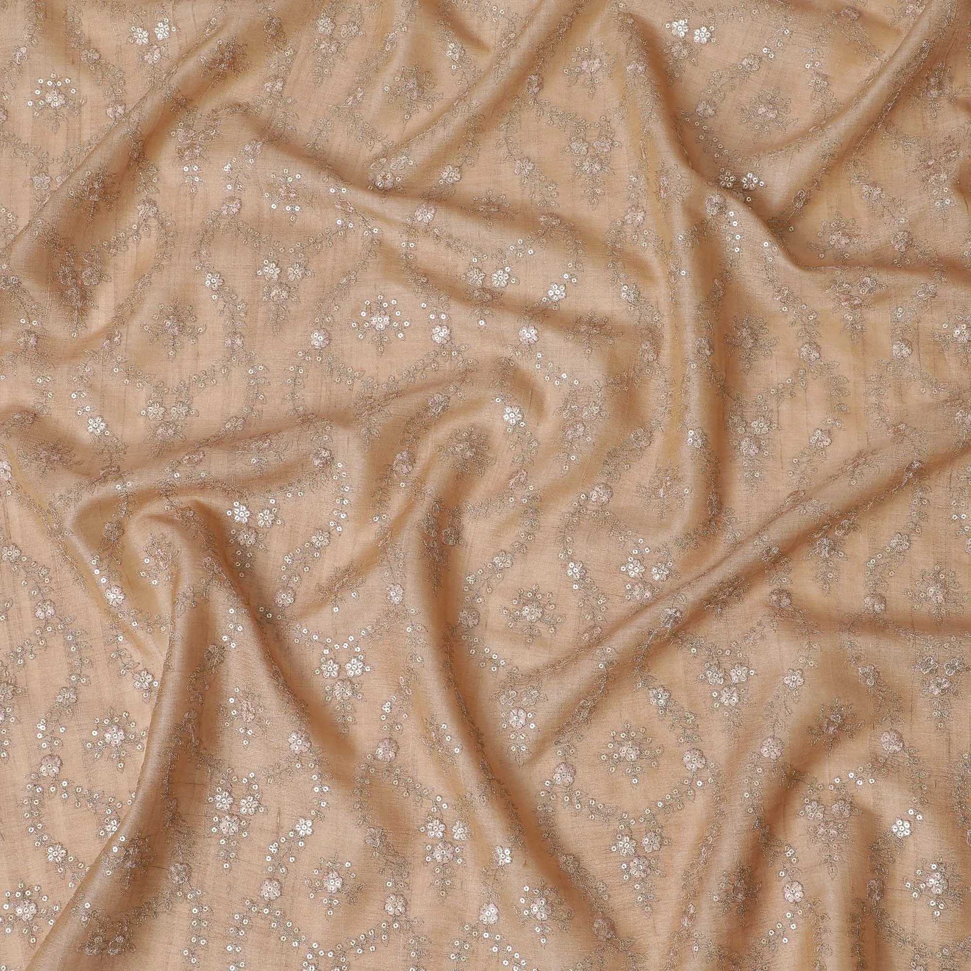 Elegant Beige Tussar Silk Fabric with Embroidered Floral Motifs, 110cm Width-D18966
