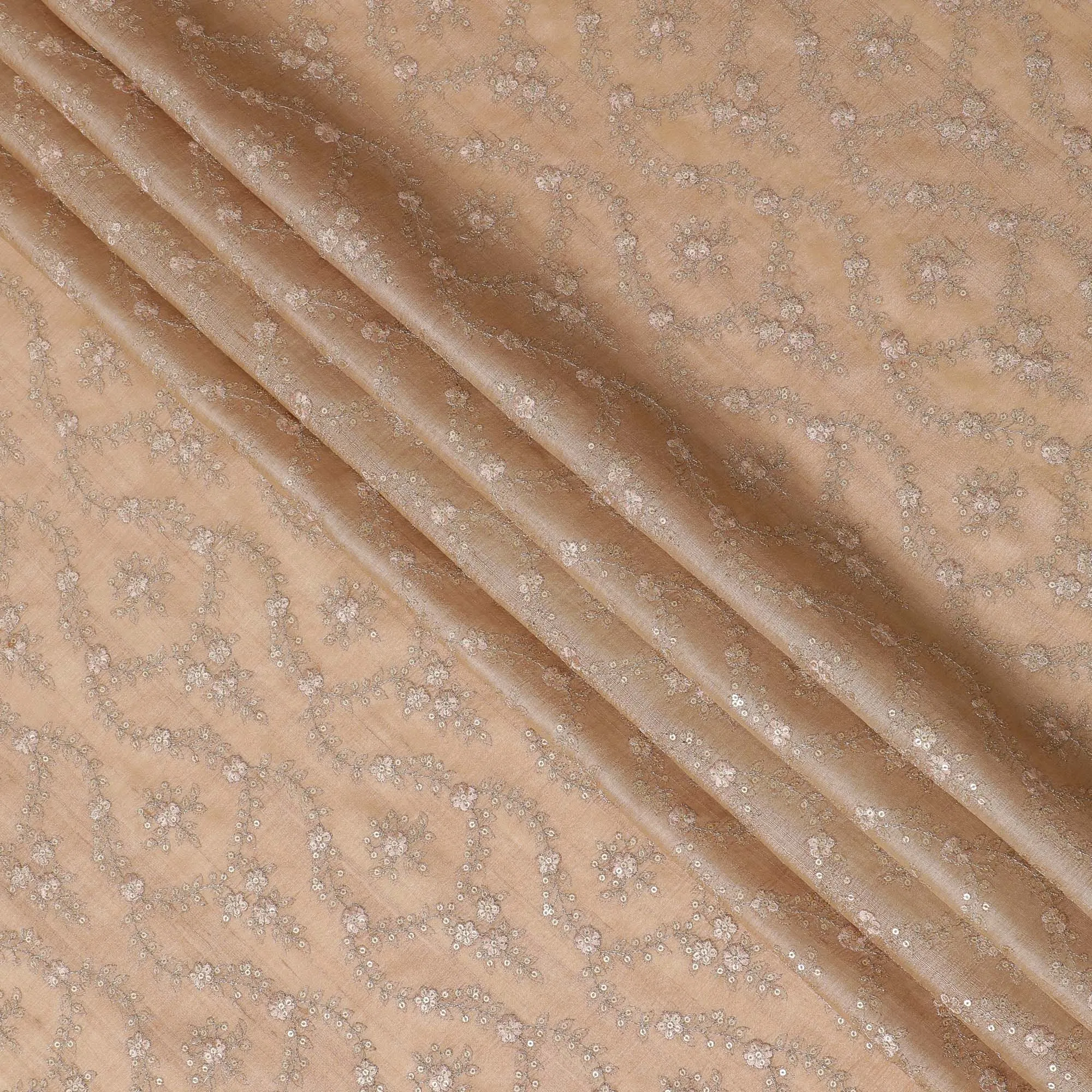 Elegant Beige Tussar Silk Fabric with Embroidered Floral Motifs, 110cm Width-D18966