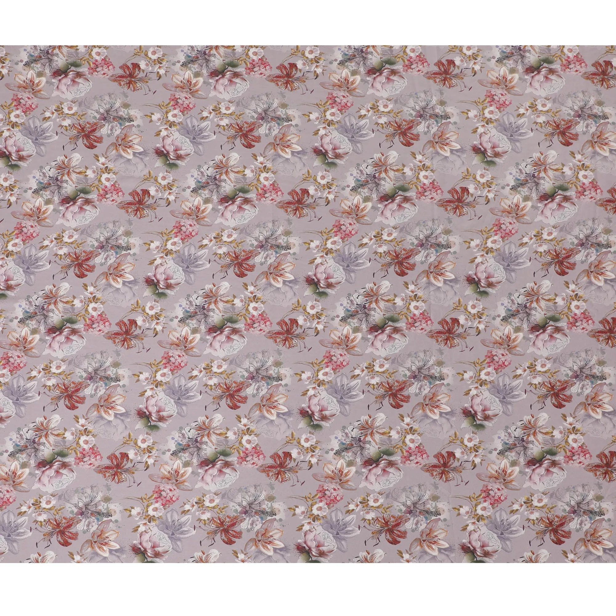 Elegant Lavender with Vibrant Floral Cotton Satin Fabric, 110 cm Width-20069
