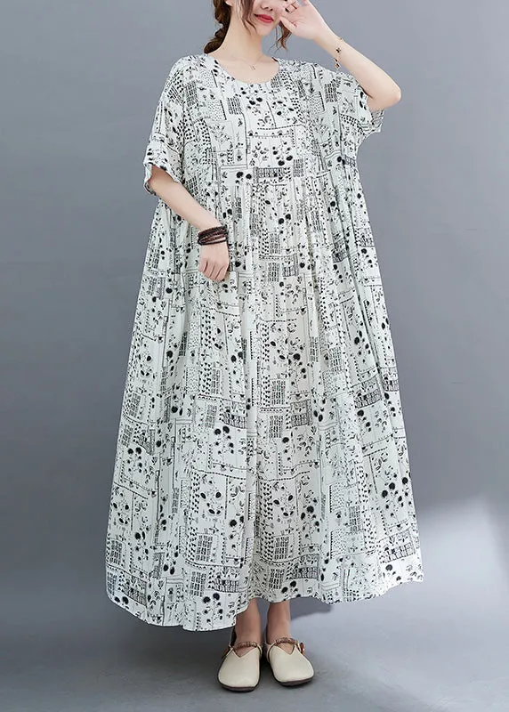 Elegant White O-Neck Patchwork Wrinkled Party Maxi Dress Short Sleeve LY6571