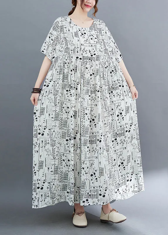 Elegant White O-Neck Patchwork Wrinkled Party Maxi Dress Short Sleeve LY6571