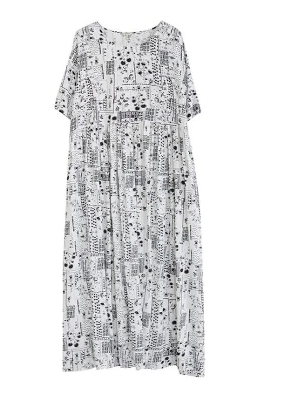 Elegant White O-Neck Patchwork Wrinkled Party Maxi Dress Short Sleeve LY6571