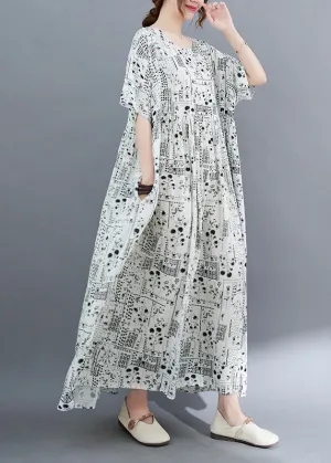 Elegant White O-Neck Patchwork Wrinkled Party Maxi Dress Short Sleeve LY6571